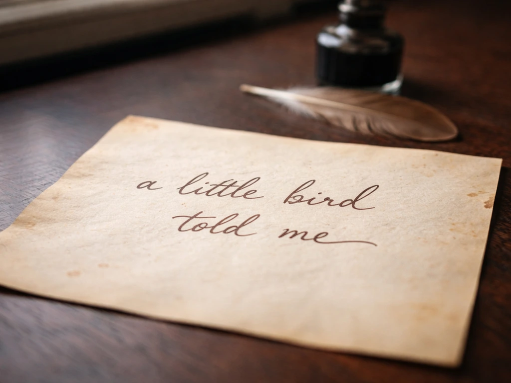 Close-up of an old handwritten note on a wooden desk with the phrase “a little bird told me”.