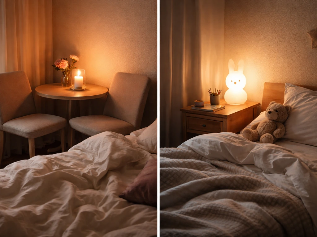 Two-panel photo: candlelit bedroom with a warm mood on the left; kid’s bedside with a caring vibe on the right.