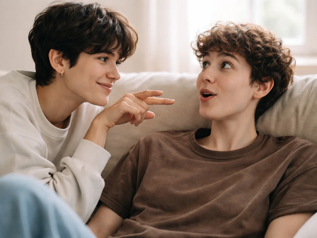 Two friends share a teasing, affectionate moment in a cozy room, with a playful body-language gesture.