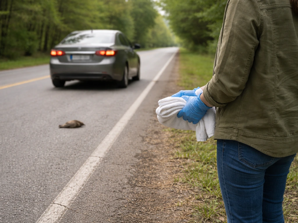 Gloved person at a safe distance beside a hazard-lit car on a roadside, prepared to handle an injured bird.