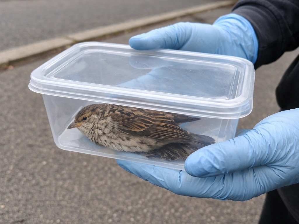 Gloved hands carefully containing a dead bird in a lidded plastic container near pavement.