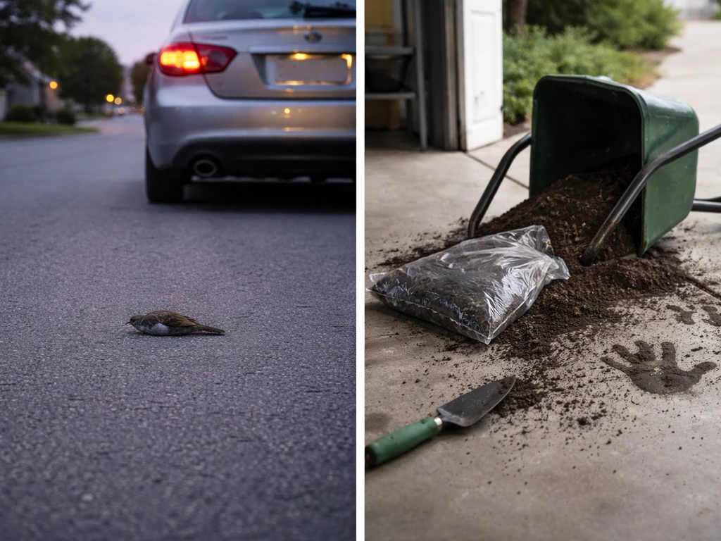 Two-panel photo: car over a bird on a quiet street vs a simple everyday mess in a driveway.