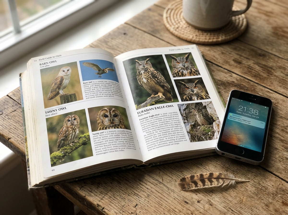 Owl species guide and “night owl” usage examples laid out side-by-side.