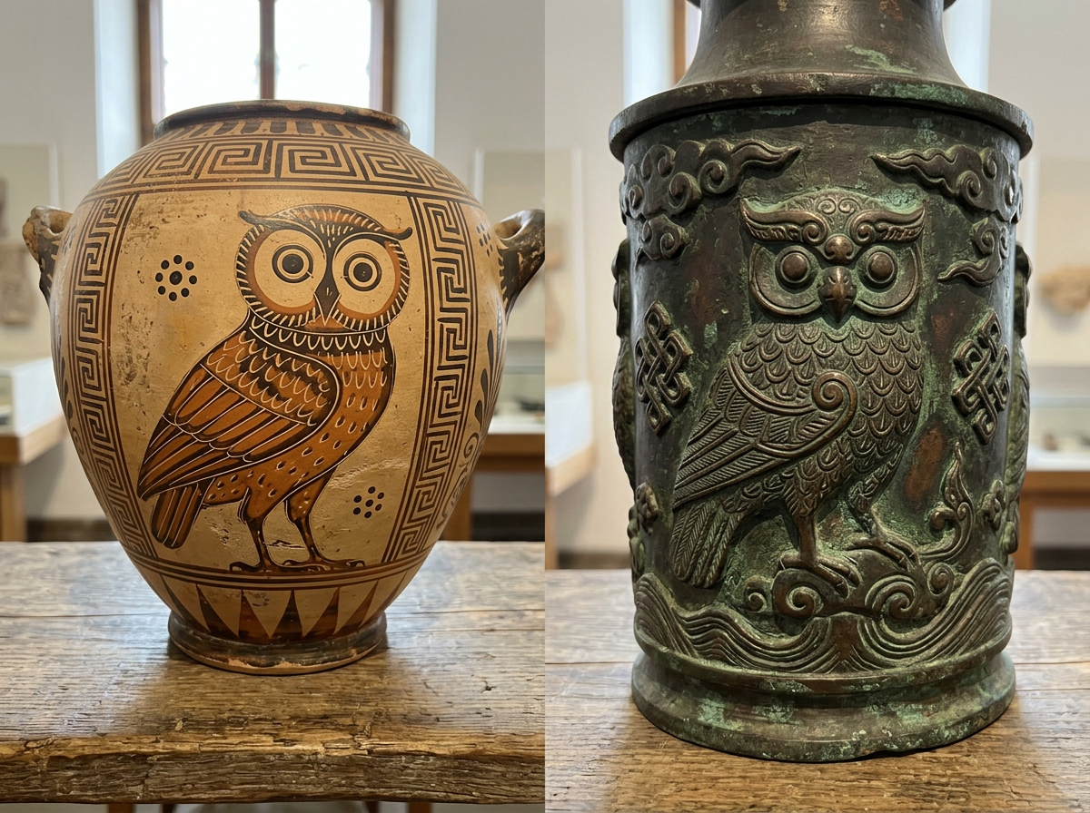 Two different cultural owl artworks showing contrasting symbolic meanings.