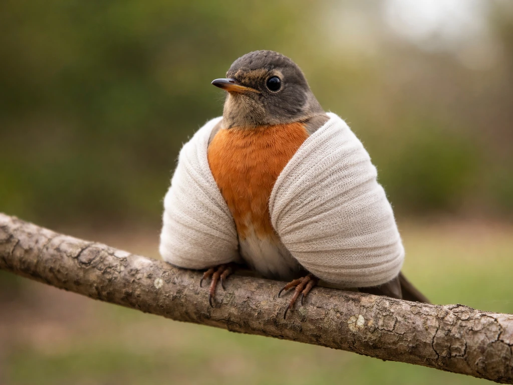 A perched bird with its wings missing or wrapped, symbolizing something that can’t fly.