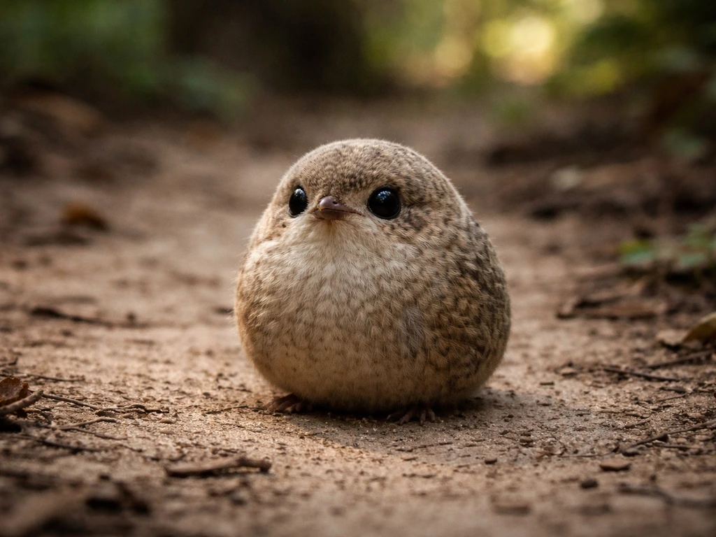 A small bird-like creature with no wings standing in a natural setting, shown as an impossible biology scene.