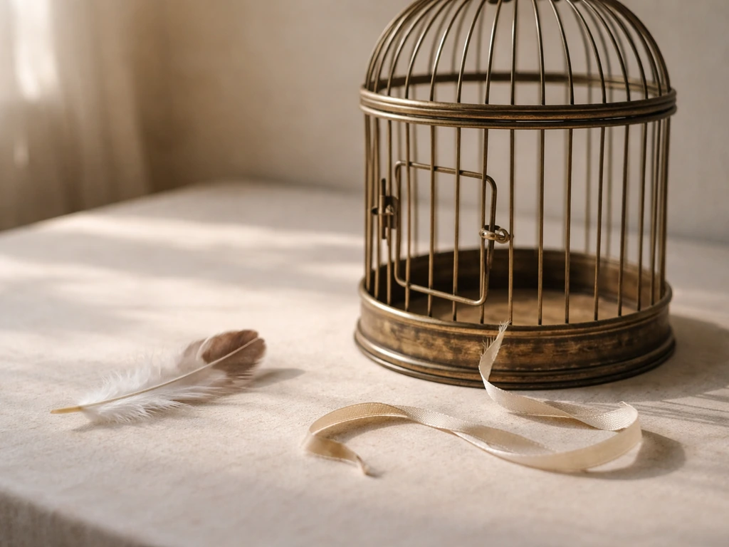 Close-up of a bird feather and torn ribbon beside an empty birdcage, suggesting incompleteness and emotional weight.