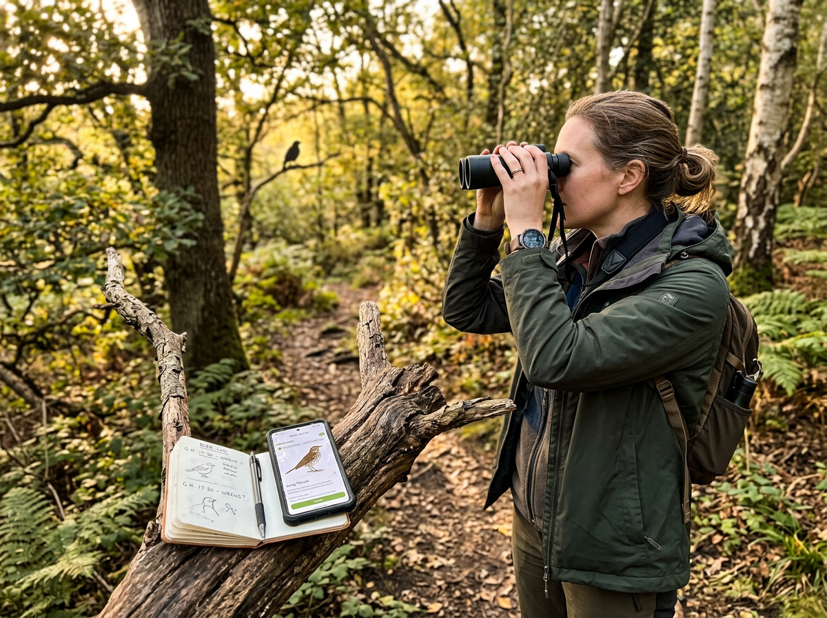 Bird-watcher using binoculars to identify a bird in the field