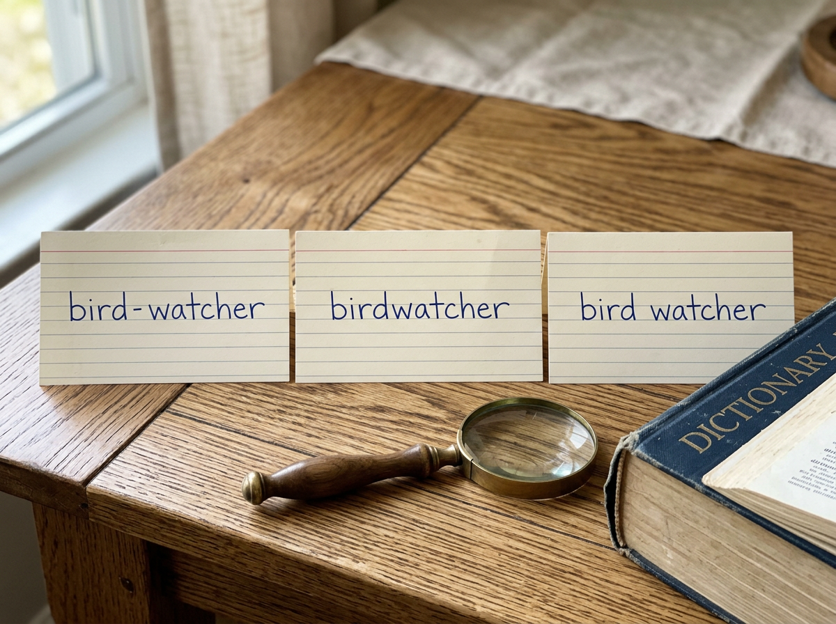 Three spellings of bird-watcher shown on printed dictionary-style cards