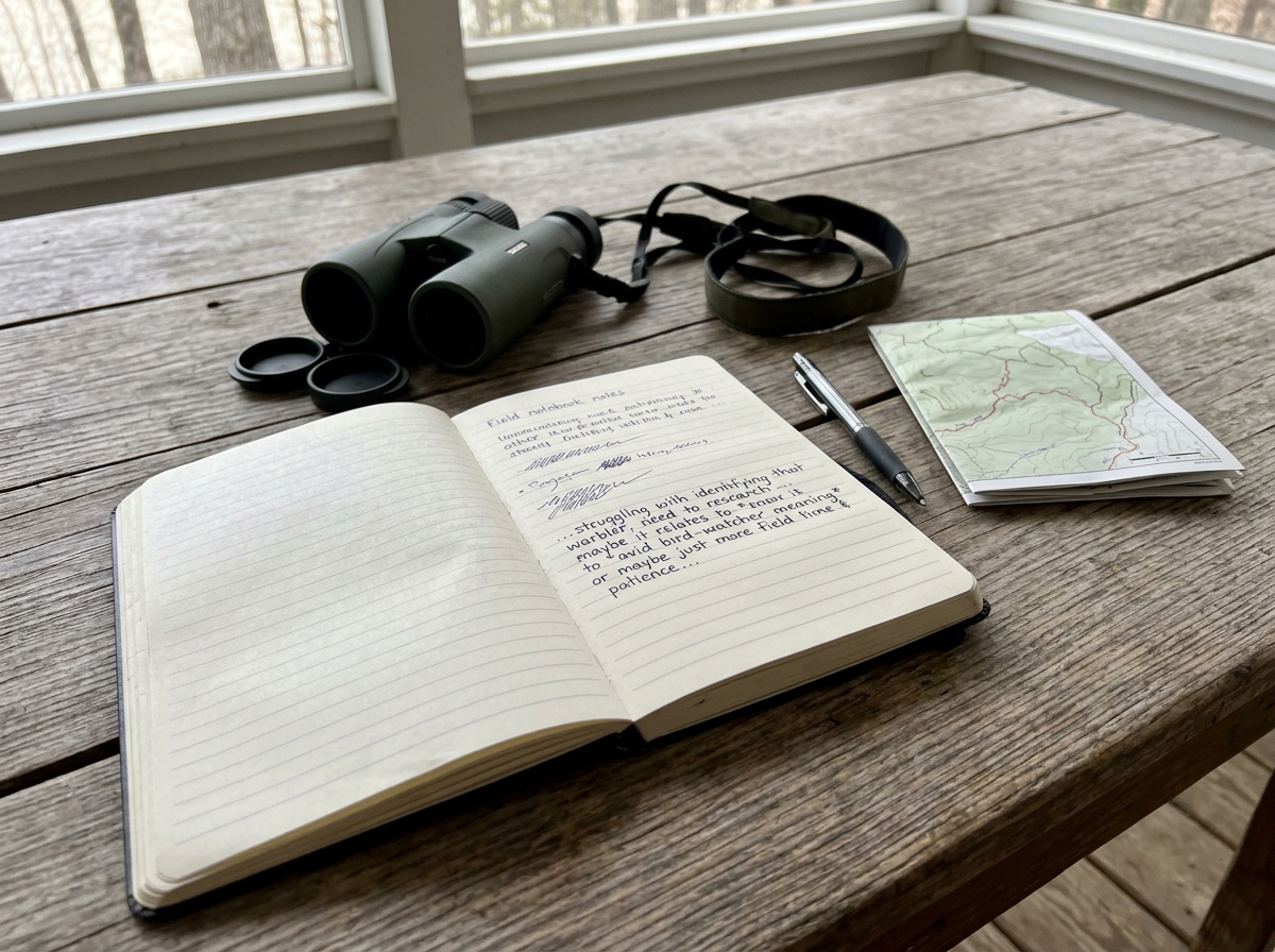 Checklist-style note with bird-watching phrase in use, plus field gear