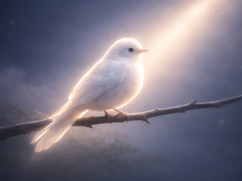 A pale glowing bird perched in a twilight sky with a soft diagonal beam of light behind it.