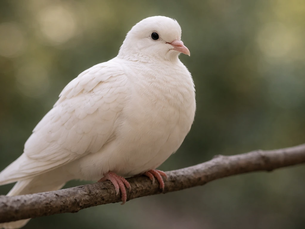 Close-up of a pale white-feathered dove perched softly in natural outdoor light