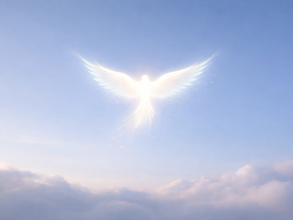 An ethereal glowing bird made of golden light hovering in a soft heavenly sky, calm and mystical.