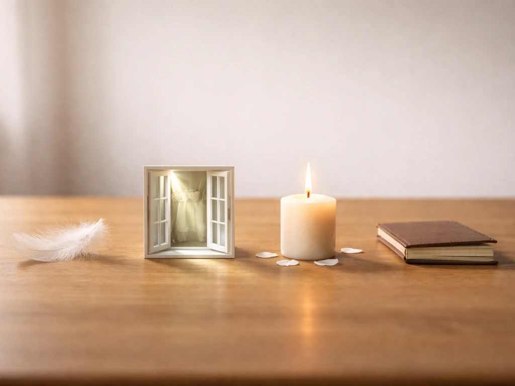 Four small objects on a wooden table symbolizing different meanings of “light” with natural sun rays.
