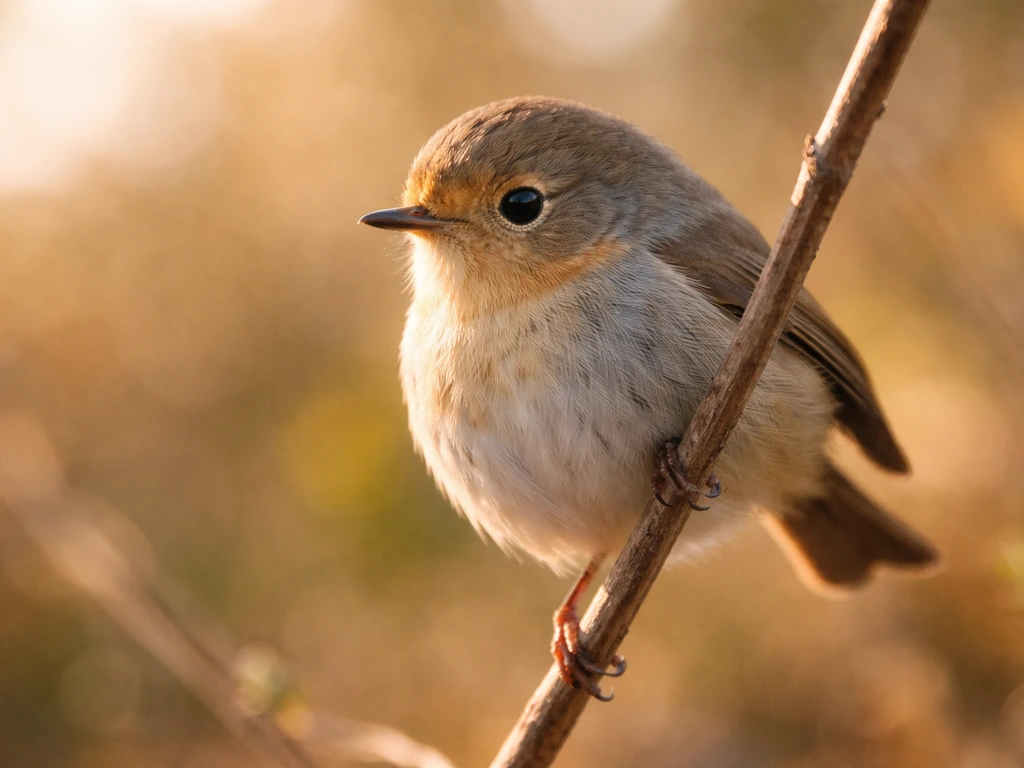 Macro view of a tiny bird perched on a twig in warm golden light with soft bokeh background.
