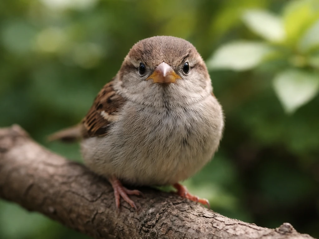Tiny sparrow perched on a branch with a softly blurred green background.