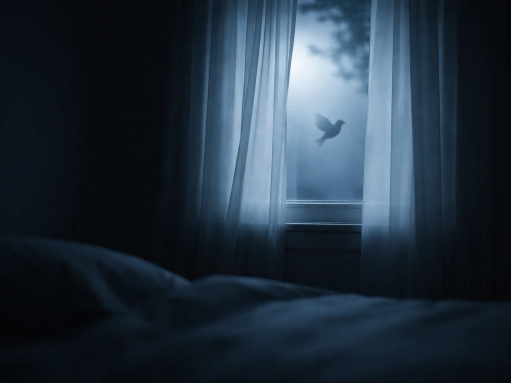 Small dark bird silhouette near a bedroom window at night, softly lit and slightly translucent, dreamlike mood.