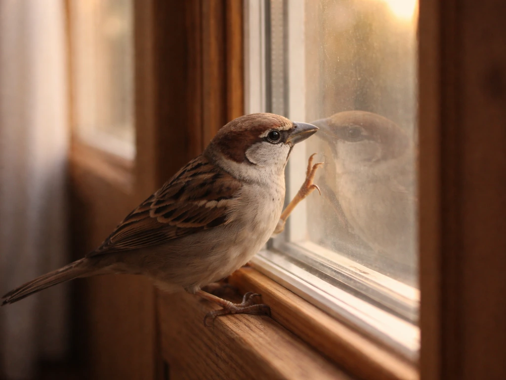 A tiny bird taps a home window near the doorway in soft sunrise light, no people present.
