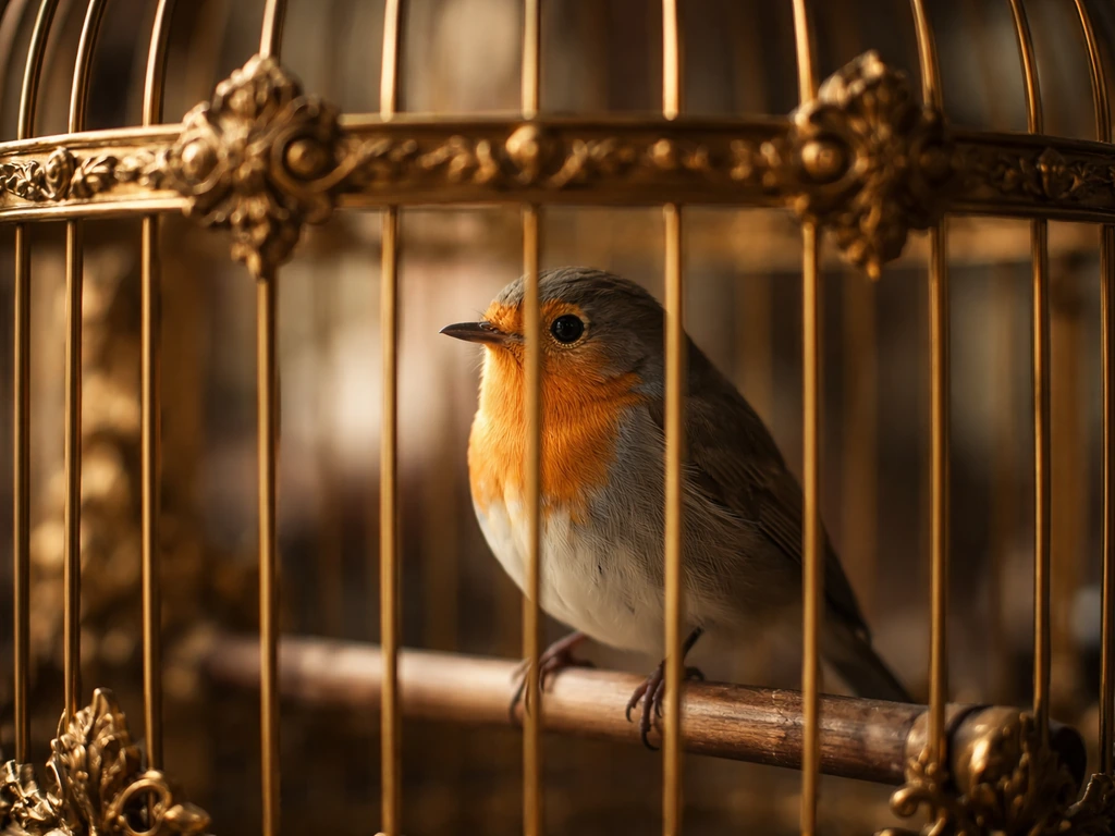 A small bird perched inside an ornate gilded cage, bars still visible to show restricted freedom.