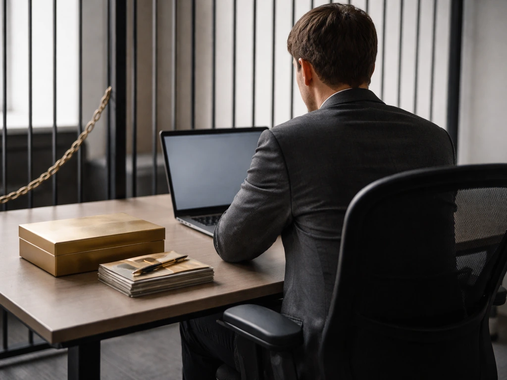 Office worker at a tidy desk surrounded by subtle cage-like partitions and shimmering compensation-style decor.