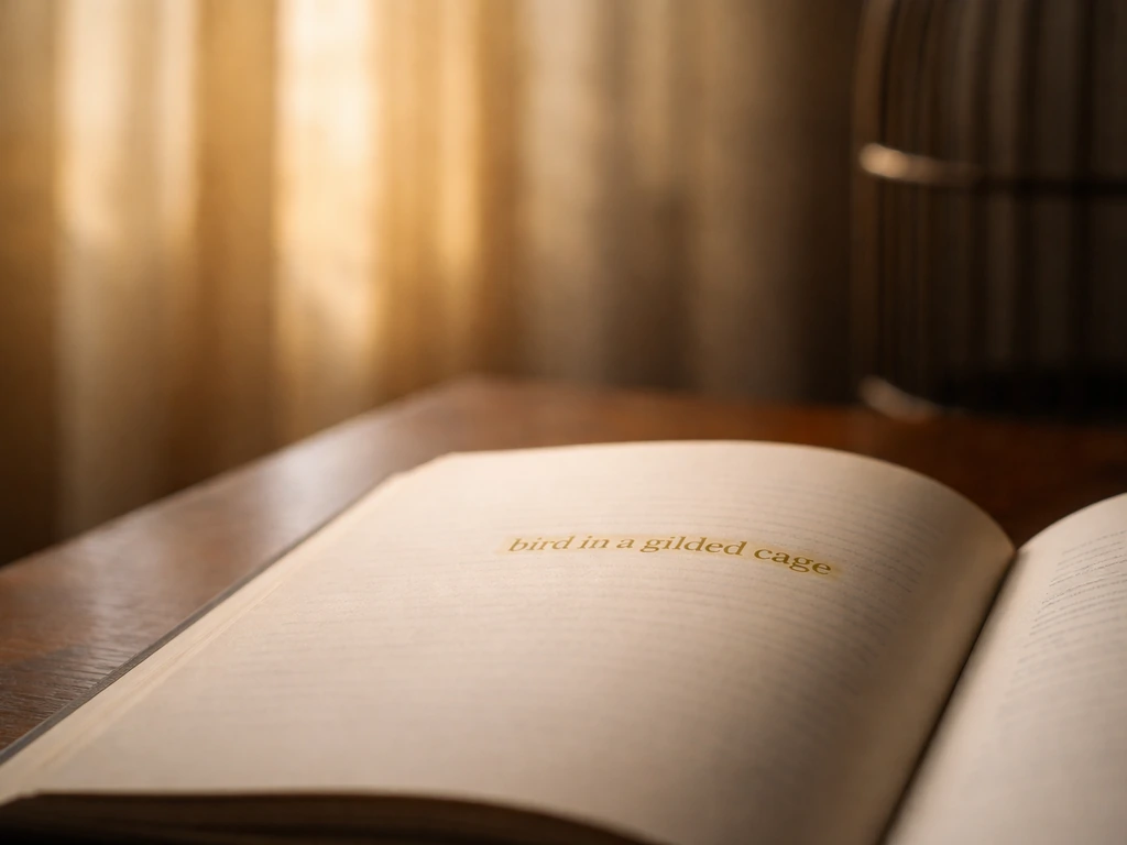 Open book with highlighted phrase, luxury curtains fading into cage bars on the edges.