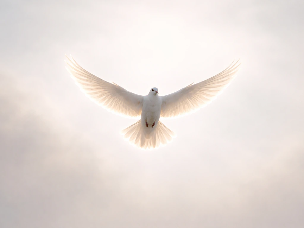 A realistic bird in flight with a subtle spiritual glow against a clean pale sky.
