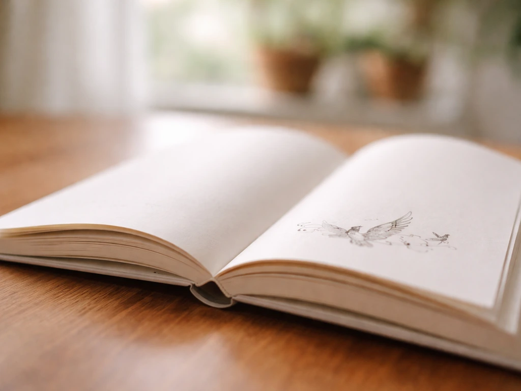 Open book with a small winged-bird motif on the page, shown in soft natural light.