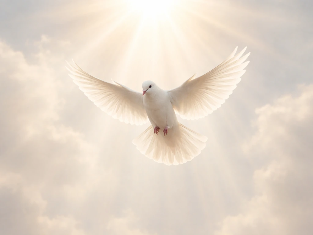 A white dove descending through soft golden light rays, symbolizing peace and divine message.
