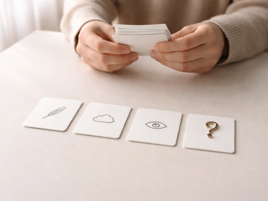 Minimal tabletop checklist with prompt cards and small icons for interpreting a phrase in context.