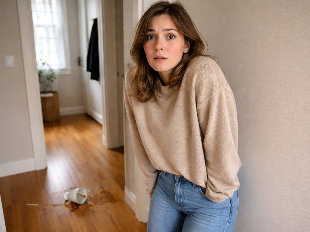 Person looks embarrassed, red-faced after an awkward mishap at home with a dropped mug.