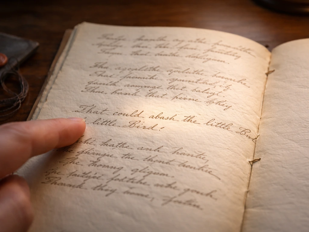 Close-up of an 1860s handwritten poem page with the line “That could abash the little Bird” highlighted by a fingertip