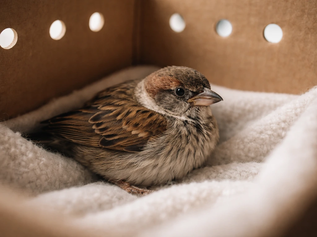 Injured small bird resting safely in a ventilated rescue box, close-up with soft natural light.