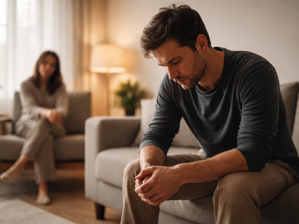 Emotionally hurt person sits quietly at home with a gentle supportive presence nearby