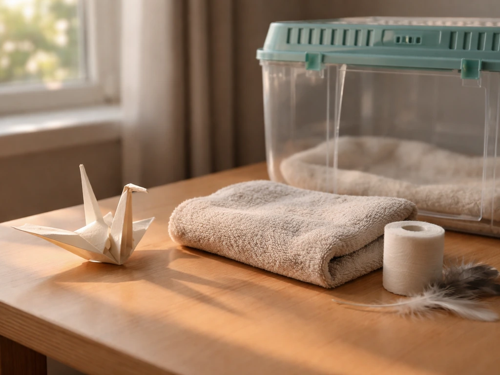 Japanese crane motif beside bird-care supplies, suggesting cultural care for an injured bird.