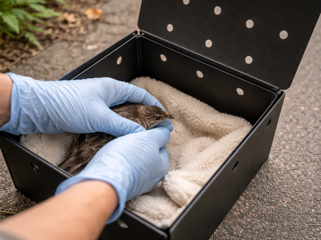 Gloved hands placing an injured bird into a ventilated box lined with soft padding