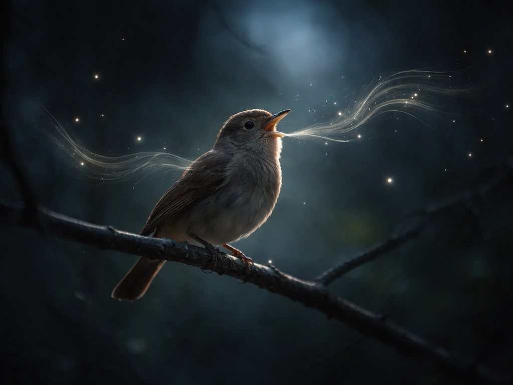 Nightingale perched in dark misty forest with faint glowing ripples suggesting a heartfelt song