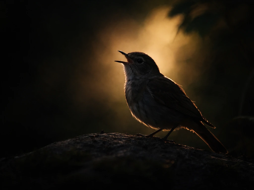A small dark-feathered bird silhouette emerges from shadow into warm light, suggesting a transformed voice.