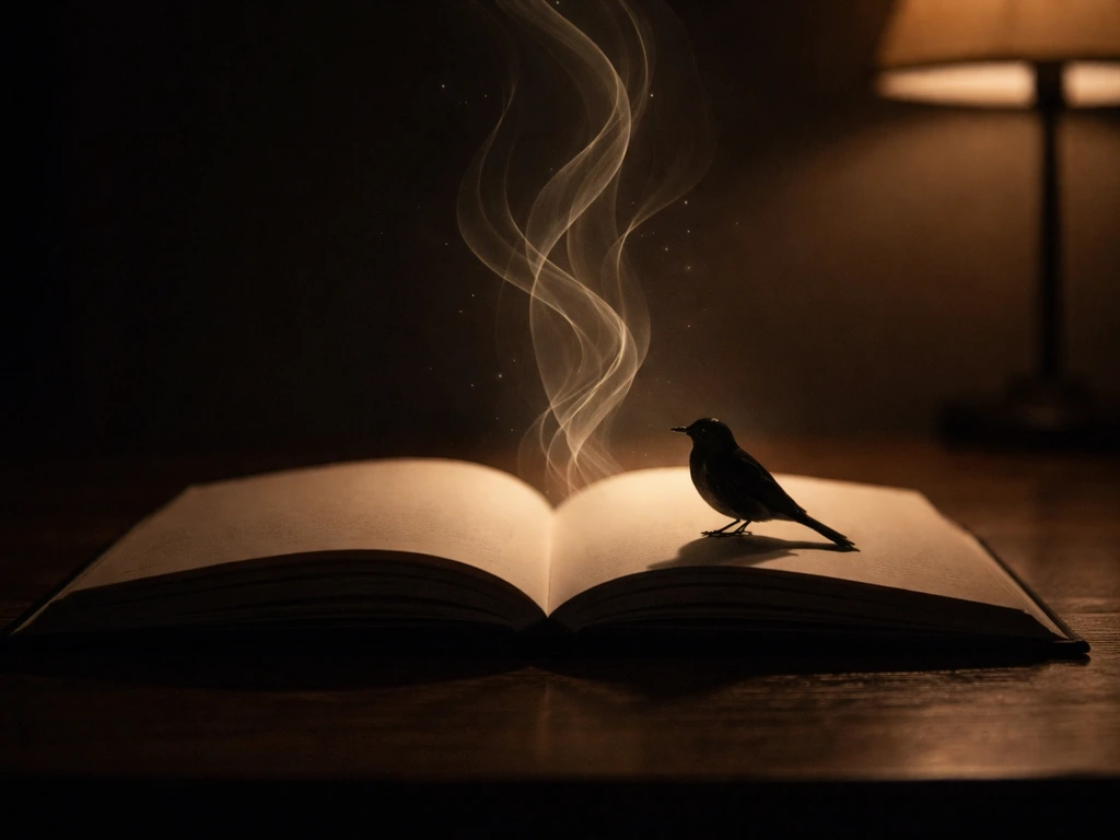 Open book on a dark table at night with a nightingale silhouette and flowing light trails suggesting song.