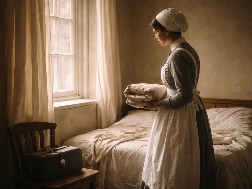 Victorian-era nurse in white cap in a quiet hospital room by a sunlit window, symbolizing Nightingale.