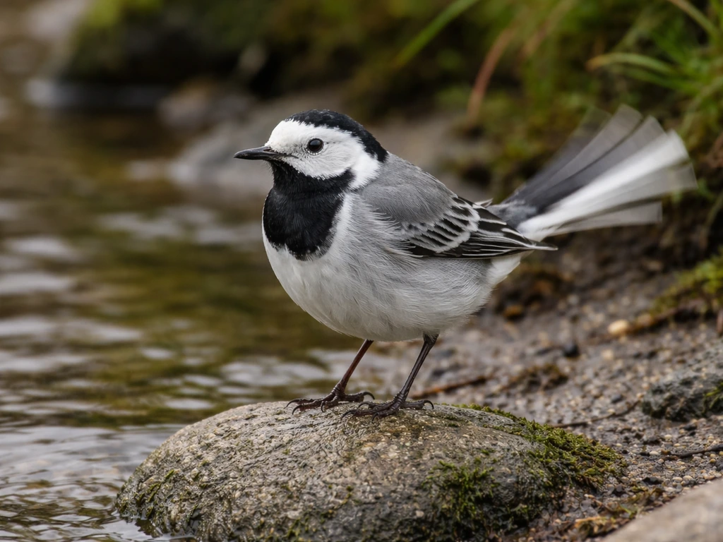 A close-up wagtail perched on a riverbank stone, wagging its tail in clear motion.