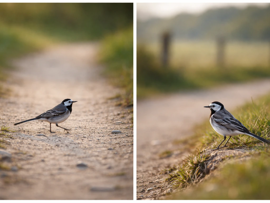Two-panel photo: wagtail crossing a path vs perched nearby, showing context-driven meaning.