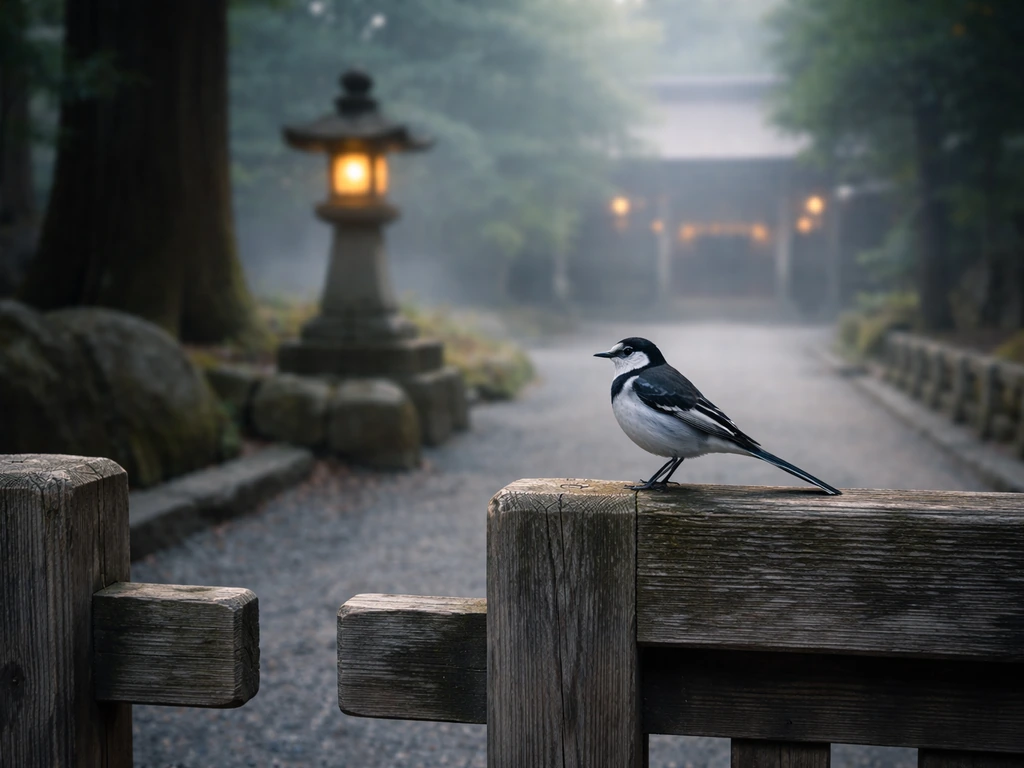 A small wagtail perched on a Japanese shrine gate rail at dawn, misty and tranquil.