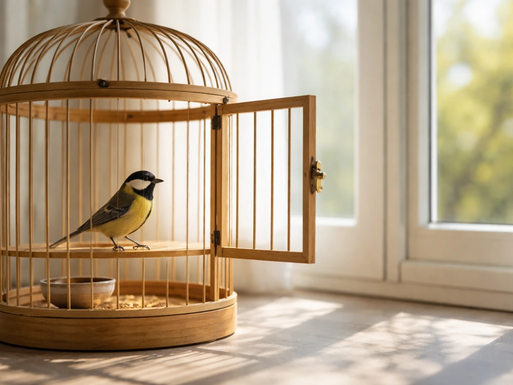 Small bird inside an open wooden cage with daylight pouring in, symbolizing freedom not yet taken.