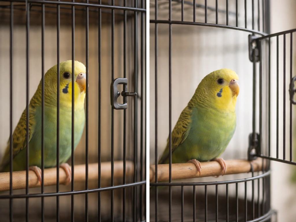 Small bird behind closed bars on one side, the same bird perched with the cage door fully open on the other.