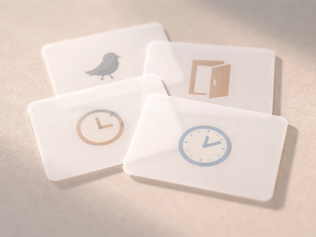 Minimal photo of overlapping translucent phrase cards with small icon markers, showing near-idioms variants visually