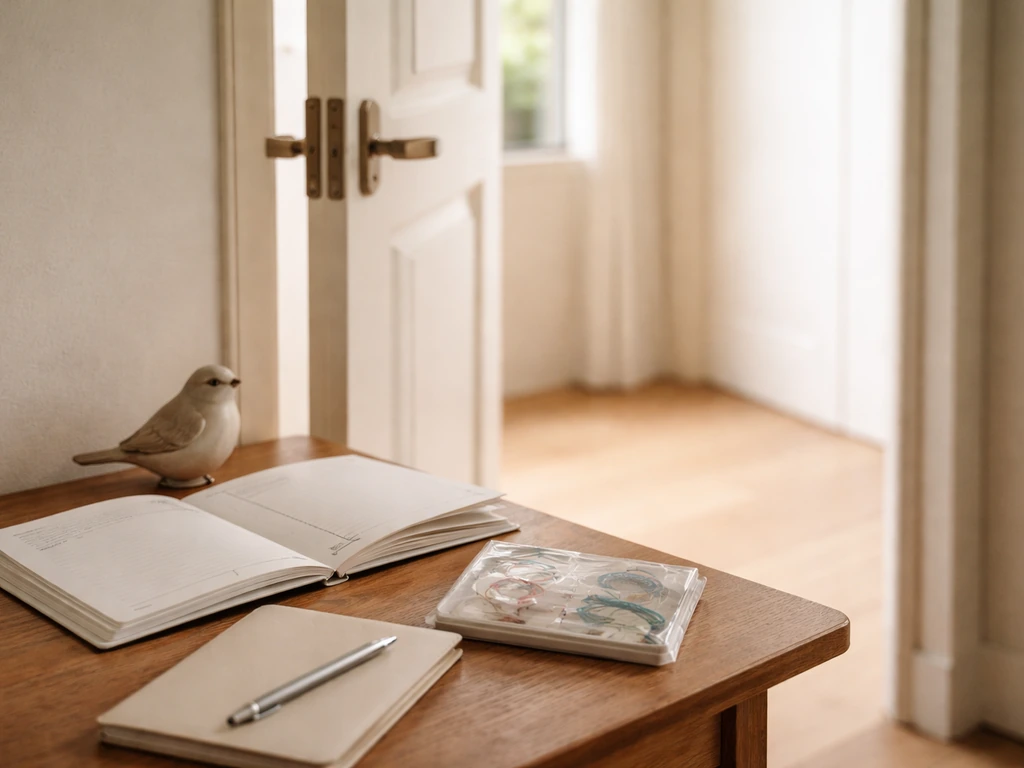 Small bird figurine beside an open door latch in a tidy room, with subtle signs of unfinished tasks.