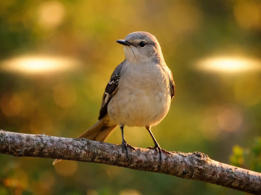 Northern mockingbird perched on a branch, with subtle visual cues suggesting literal vs figurative meaning.