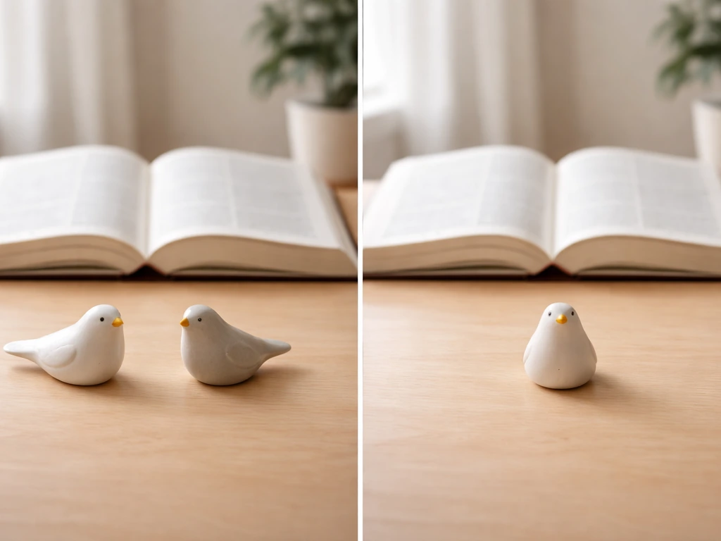 Minimal split-view photo-style scene comparing two-word “mock bird” and one-word “mockingbird” spelling.
