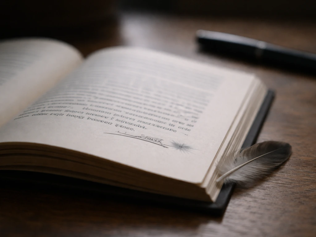 Close-up of an open book with a highlighted “mock bird” phrase in the margin, literary and moody.
