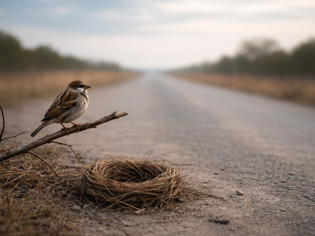 A small bird near a broken nest and a quiet road under an open cloudy sky.